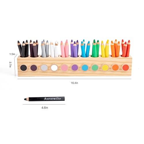 Auvewilo Montessori Wooden Colored Pencil Holder with 11 Compartments, Including 3 in 1 Short Fat Chubby Pencils, Wax Crayon, Watercolor Paint, Desktop Organizer for Kids, Office and School Supplies…