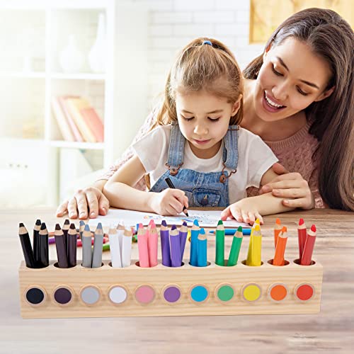 Auvewilo Montessori Wooden Colored Pencil Holder with 11 Compartments, Including 3 in 1 Short Fat Chubby Pencils, Wax Crayon, Watercolor Paint, Desktop Organizer for Kids, Office and School Supplies…