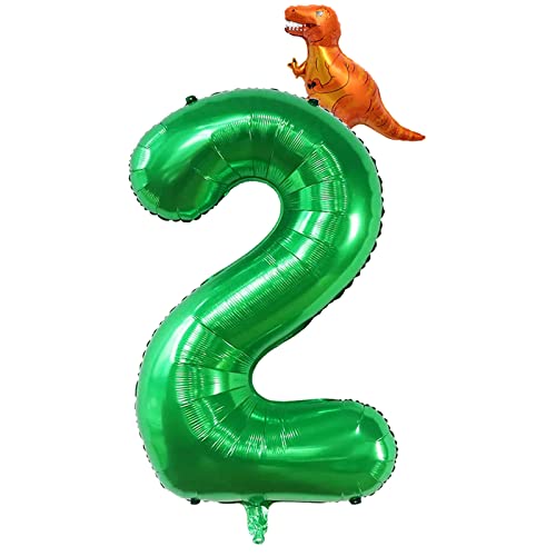 40 Inch Green Number 2 & Mini Dinosaur Balloon for Boys Birthday Party Decorations, 2nd Birthday Dinosaur Party Supplies Jungle Theme Green Birthday Patry Balloons Decorations