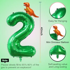 40 Inch Green Number 2 & Mini Dinosaur Balloon for Boys Birthday Party Decorations, 2nd Birthday Dinosaur Party Supplies Jungle Theme Green Birthday Patry Balloons Decorations