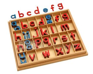elite montessori wooden movable alphabet with box preschool spelling learning materials (red & blue, 5mm thick)