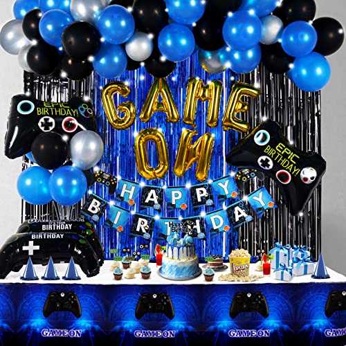 Video Game Birthday Party Decorations for Boys - Blue Video Game Party Supplies with String Lights - Gaming Party Decoration For Kid Video Game Backdrop (92 Pcs)