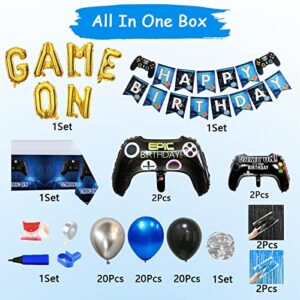 Video Game Birthday Party Decorations for Boys - Blue Video Game Party Supplies with String Lights - Gaming Party Decoration For Kid Video Game Backdrop (92 Pcs)