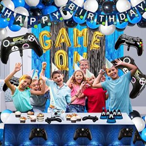 Video Game Birthday Party Decorations for Boys - Blue Video Game Party Supplies with String Lights - Gaming Party Decoration For Kid Video Game Backdrop (92 Pcs)