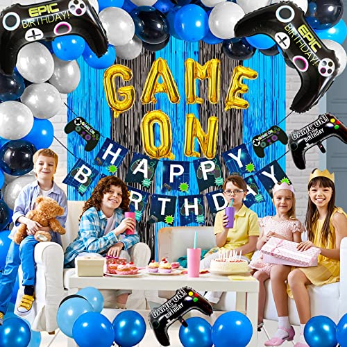 Video Game Birthday Party Decorations for Boys - Blue Video Game Party Supplies with String Lights - Gaming Party Decoration For Kid Video Game Backdrop (92 Pcs)