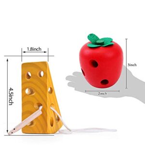 Early Development Toys Wooden Lacing Toys, Montessori Activity Caterpillars Eat Apple and Kids Cheese Toys, Children Learning Educational Wood Block Puzzles Toy for Toddlers Boys Girls