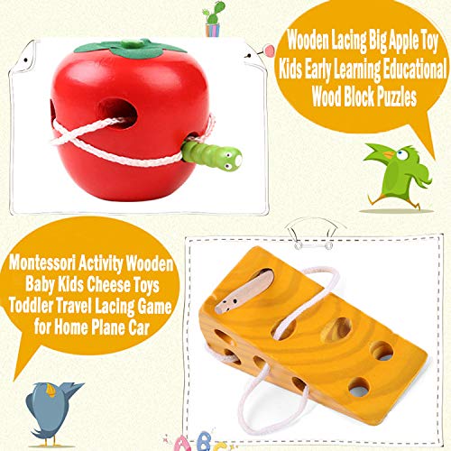 Early Development Toys Wooden Lacing Toys, Montessori Activity Caterpillars Eat Apple and Kids Cheese Toys, Children Learning Educational Wood Block Puzzles Toy for Toddlers Boys Girls