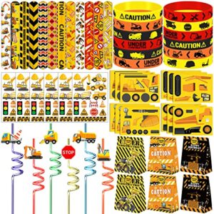 construction party favors 72 pcs construction engineering slap bracelet temporary tattoos silicone bracelets diy stickers plastic straws gift bags for kids boys construction truck vehicle theme birthday party goodie bag fillers