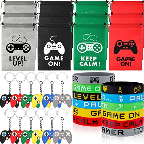 36 Pieces Video Game Party Favors Set Include Gamer Party Favor Bags with Drawstring Silicone Bracelets Wristbands Game Controller Keychains for Boys Girls Gaming Birthday Party Supplies Decorations