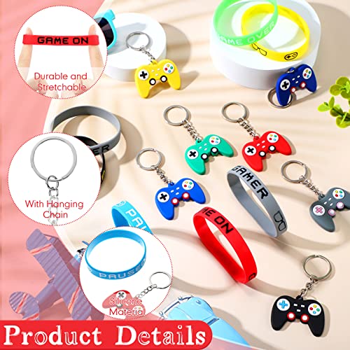 36 Pieces Video Game Party Favors Set Include Gamer Party Favor Bags with Drawstring Silicone Bracelets Wristbands Game Controller Keychains for Boys Girls Gaming Birthday Party Supplies Decorations