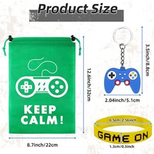 36 Pieces Video Game Party Favors Set Include Gamer Party Favor Bags with Drawstring Silicone Bracelets Wristbands Game Controller Keychains for Boys Girls Gaming Birthday Party Supplies Decorations