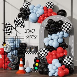 Race Car Balloons Arch Garland Kit 148PCS Red Blue Black Checkered Flag Foil Balloon Racing Car Theme Two Fast 2nd Birthday Party Supplies for Boys