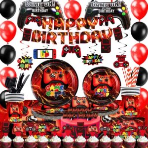 red video game party supplies - 212pcs gamer gaming party decoration for boys birthday party - table cover, plates, cups, napkins, utensils, hanging swirls, birthday banner, cupcake, topper cake topper & balloons serves 16 guests