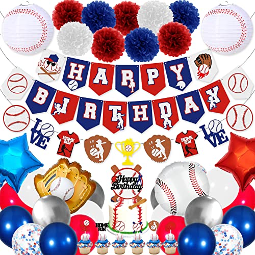 Baseball Birthday Party Decorations Sports Party Supplies Baseball Theme Happy Birthday Banner Cake Topper Balloons Paper Pom Poms Lanterns for Boys Girls Birthday Baby Shower (Baseball-01)