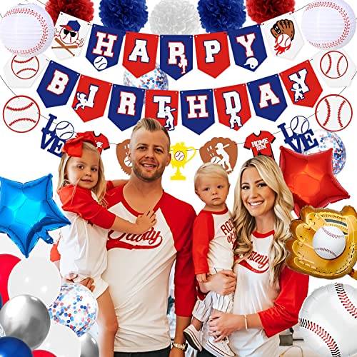 Baseball Birthday Party Decorations Sports Party Supplies Baseball Theme Happy Birthday Banner Cake Topper Balloons Paper Pom Poms Lanterns for Boys Girls Birthday Baby Shower (Baseball-01)