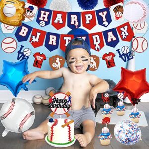 Baseball Birthday Party Decorations Sports Party Supplies Baseball Theme Happy Birthday Banner Cake Topper Balloons Paper Pom Poms Lanterns for Boys Girls Birthday Baby Shower (Baseball-01)