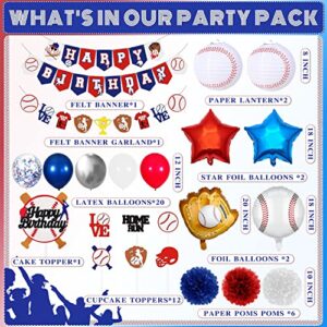 Baseball Birthday Party Decorations Sports Party Supplies Baseball Theme Happy Birthday Banner Cake Topper Balloons Paper Pom Poms Lanterns for Boys Girls Birthday Baby Shower (Baseball-01)