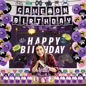 Video Game Birthday Party Decorations, Game On Birthday Party Supplies for Boys and Girls, Purple Gaming Themed Party Supplies, 52 Piece Gamer Birthday Decorations for Game Fans (Purple)