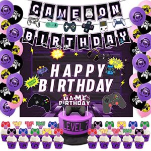 video game birthday party decorations, game on birthday party supplies for boys and girls, purple gaming themed party supplies, 52 piece gamer birthday decorations for game fans (purple)
