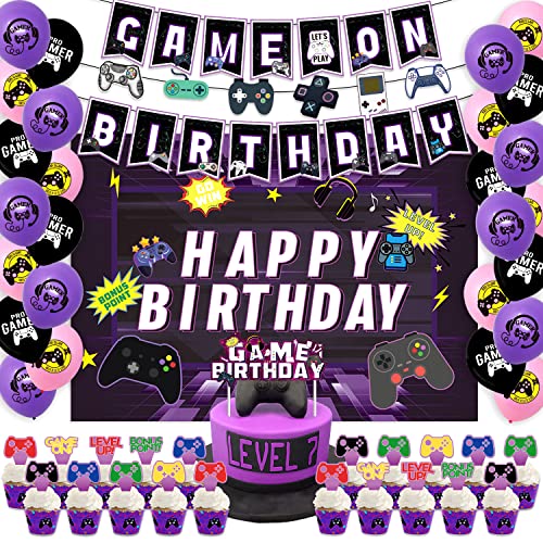 Video Game Birthday Party Decorations, Game On Birthday Party Supplies for Boys and Girls, Purple Gaming Themed Party Supplies, 52 Piece Gamer Birthday Decorations for Game Fans (Purple)