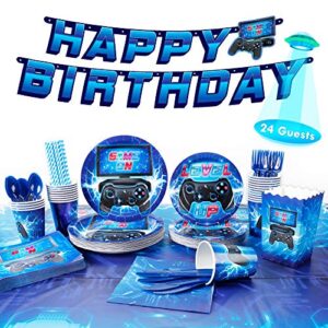 decorlife game on party supplies serves 24, blue video game party supplies includes tablecloth, popcorn boxes, birthday plates for boys gamer party decorations, total 200pcs