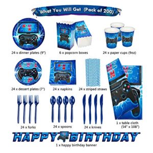 DECORLIFE Game on Party Supplies Serves 24, Blue Video Game Party Supplies Includes Tablecloth, Popcorn Boxes, Birthday Plates for Boys Gamer Party Decorations, Total 200PCS