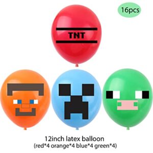 Pixel Themed Birthday Party Supplies, Pixel Style Birthday Banner, Gamer Balloons, Pixel Cake and Cupcake Toppers for Boys Miner Video Game Theme Party Decorations