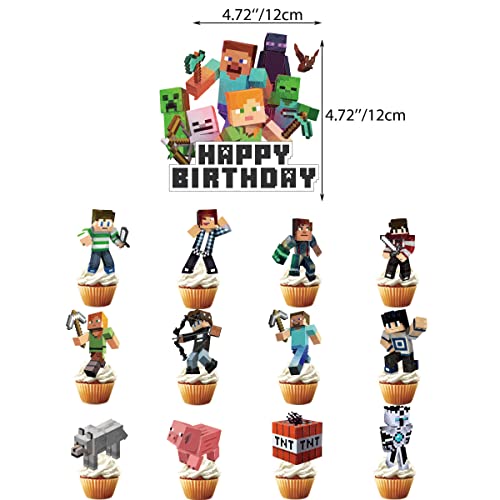 Pixel Themed Birthday Party Supplies, Pixel Style Birthday Banner, Gamer Balloons, Pixel Cake and Cupcake Toppers for Boys Miner Video Game Theme Party Decorations