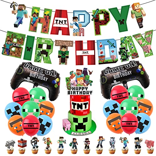 Pixel Themed Birthday Party Supplies, Pixel Style Birthday Banner, Gamer Balloons, Pixel Cake and Cupcake Toppers for Boys Miner Video Game Theme Party Decorations