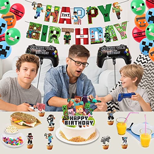 Pixel Themed Birthday Party Supplies, Pixel Style Birthday Banner, Gamer Balloons, Pixel Cake and Cupcake Toppers for Boys Miner Video Game Theme Party Decorations