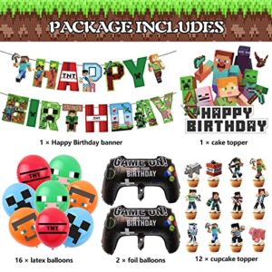 Pixel Themed Birthday Party Supplies, Pixel Style Birthday Banner, Gamer Balloons, Pixel Cake and Cupcake Toppers for Boys Miner Video Game Theme Party Decorations