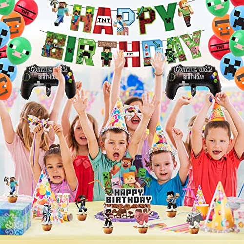 Pixel Themed Birthday Party Supplies, Pixel Style Birthday Banner, Gamer Balloons, Pixel Cake and Cupcake Toppers for Boys Miner Video Game Theme Party Decorations