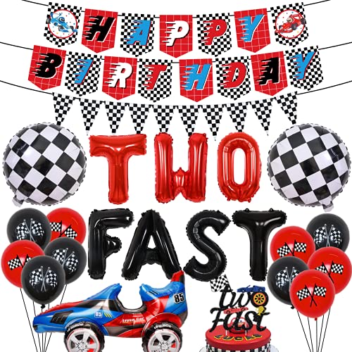 Race Car 2nd Birthday Party Supplies Two Fast Balloons Cake Topper Race Car Happy Birthday Banner for 2 Year Old Boys Racing Theme Birthday Party Decorations