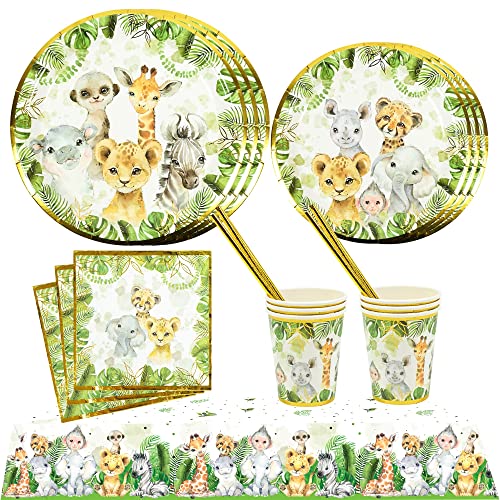 121Pc Jungle Safari Theme Baby Shower Decorations, Birthday Party Supplies For Boy & Girl -Tablecloth, Paper Plates Napkins Straws & Cups of Wild Animal Elephant Lion Giraffe Tableware Set Serves 24