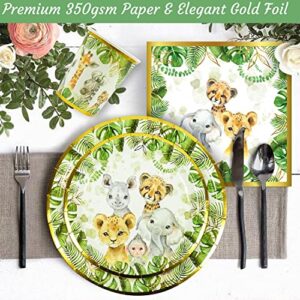 121Pc Jungle Safari Theme Baby Shower Decorations, Birthday Party Supplies For Boy & Girl -Tablecloth, Paper Plates Napkins Straws & Cups of Wild Animal Elephant Lion Giraffe Tableware Set Serves 24