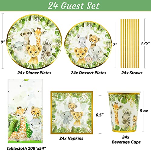 121Pc Jungle Safari Theme Baby Shower Decorations, Birthday Party Supplies For Boy & Girl -Tablecloth, Paper Plates Napkins Straws & Cups of Wild Animal Elephant Lion Giraffe Tableware Set Serves 24