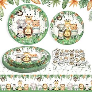 Safari Baby Shower Decorations Boy Plates Napkins and Tablecloth Set Serves 25,Jungle Animal Theme Birthday Party Supplies