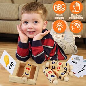 Montessori Toys for Toddlers 2 3 4 Years Old Wooden Reading Blocks Flash Cards Short Vowel Turning Rotating Matching Letters Toy for Kids Educational Alphabet Learning Toys for Preschool Boys Girls