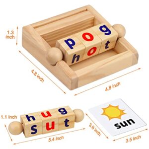 Montessori Toys for Toddlers 2 3 4 Years Old Wooden Reading Blocks Flash Cards Short Vowel Turning Rotating Matching Letters Toy for Kids Educational Alphabet Learning Toys for Preschool Boys Girls