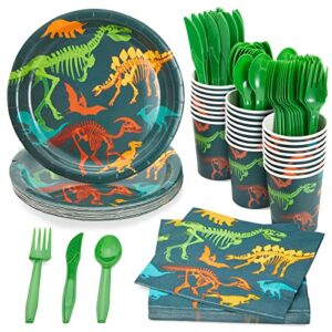 144 piece rawr dinosaur birthday party supplies, dino dinnerware set with plates, napkins, cups, and cutlery (24 guests)