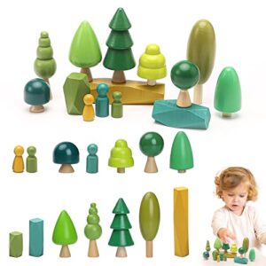 macabaka wooden tree toy set 14 pieces wooden sorting stacking balancing stone rocks natural wooden mini trees for home decor, cake topper and montessori toys