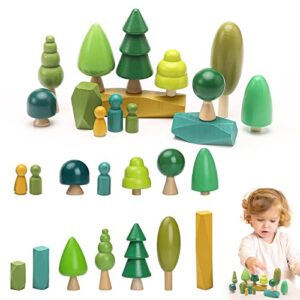 Macabaka Wooden Tree Toy Set 14 Pieces Wooden Sorting Stacking Balancing Stone Rocks Natural Wooden Mini Trees for Home Decor, Cake Topper and Montessori Toys