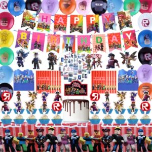 142pcs robot game theme birthday decorations party suppleis include banners, tablecover, cake toppers, stickers, gift bags, balloons, robot theme party supplies for kids and game lover