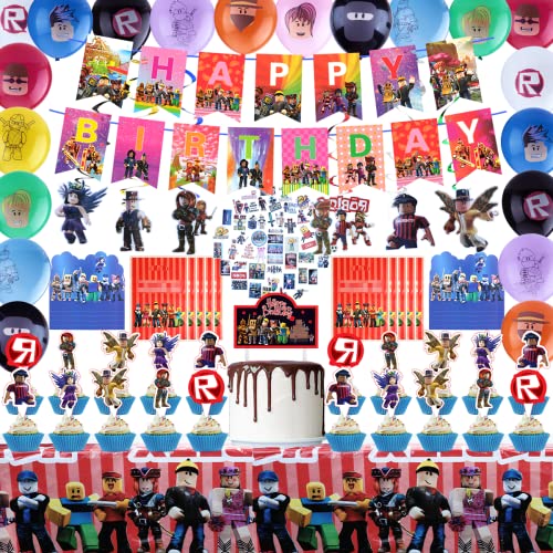 142Pcs Robot Game Theme Birthday Decorations Party Suppleis Include Banners, Tablecover, Cake Toppers, Stickers, Gift Bags, Balloons, Robot Theme Party Supplies for Kids and Game Lover