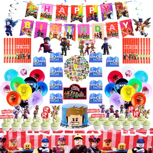 142Pcs Robot Game Theme Birthday Decorations Party Suppleis Include Banners, Tablecover, Cake Toppers, Stickers, Gift Bags, Balloons, Robot Theme Party Supplies for Kids and Game Lover