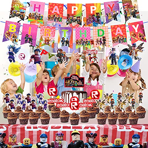 142Pcs Robot Game Theme Birthday Decorations Party Suppleis Include Banners, Tablecover, Cake Toppers, Stickers, Gift Bags, Balloons, Robot Theme Party Supplies for Kids and Game Lover