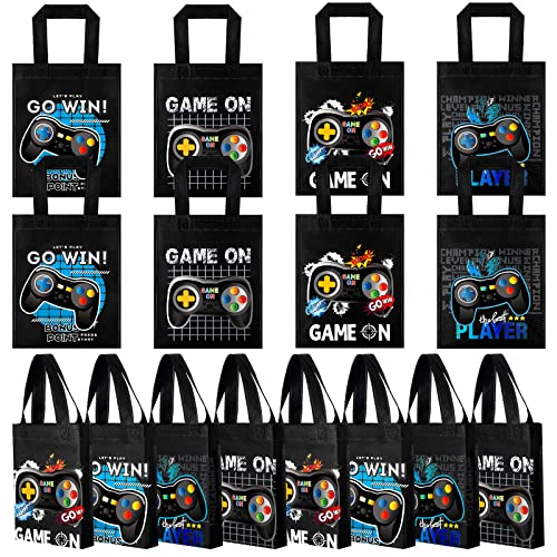 24 Pack Video Game Themed Gift Bags Video Game Party Favors Non Woven Reusable Goody Treat Bags with Handles Game Themed Birthday Party Supplies for Kids Boys, 4 Styles (Blue)