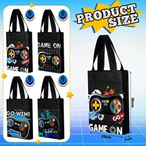 24 Pack Video Game Themed Gift Bags Video Game Party Favors Non Woven Reusable Goody Treat Bags with Handles Game Themed Birthday Party Supplies for Kids Boys, 4 Styles (Blue)