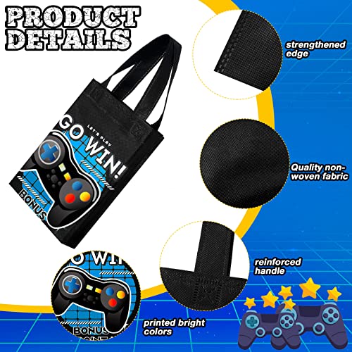 24 Pack Video Game Themed Gift Bags Video Game Party Favors Non Woven Reusable Goody Treat Bags with Handles Game Themed Birthday Party Supplies for Kids Boys, 4 Styles (Blue)