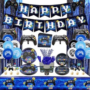 video game party supplies set birthday decoration for boys - including happy birthday gamer banner, controller balloons, fringe curtains, plates, cups, napkins, tableware, tablecloth, balloons - serves 20
